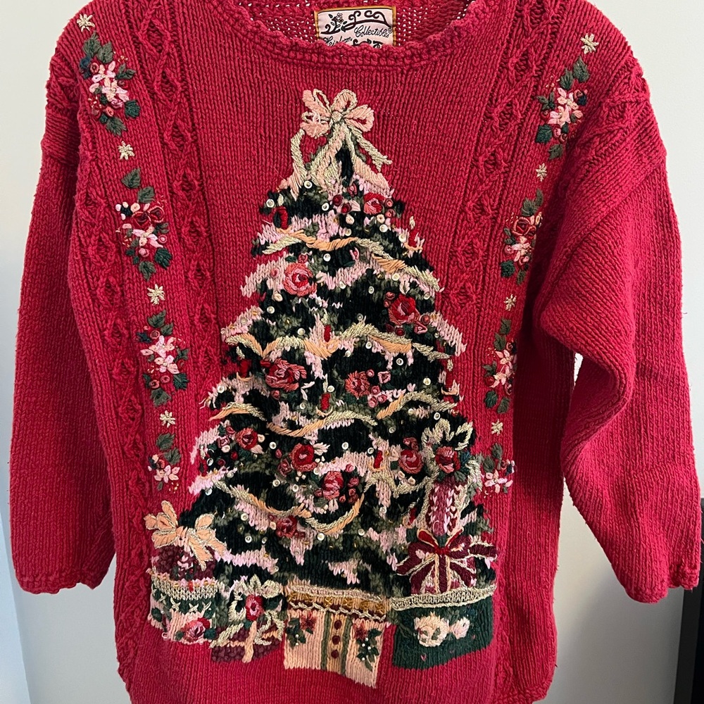 Vintage embroidered Holiday Red Sweater with Christmas Tree Design